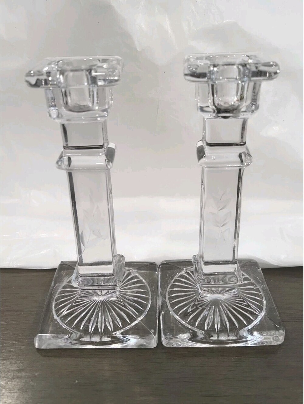 Vintage Clear Pressed Glass Candlestick Holders. Square Bases. Floral. 6 1/2"